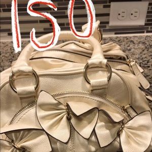 ISO Charming Charlie Ivory Pearlescent and Gold Vinyl Bow Bag